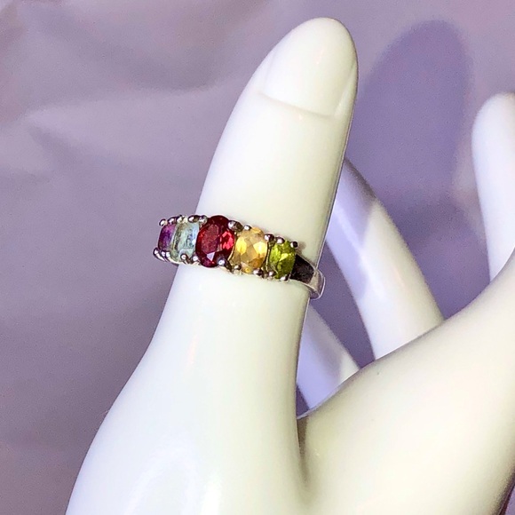 MULTI-GEMSTONE Sterling Silver Single Band Inlay Vintage Ring Sz 7 - Picture 16 of 17